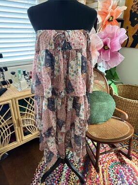 Pretty Damage Patchwork Floral Tiered Ruffle Hem Boho Convertible Dress Skirt